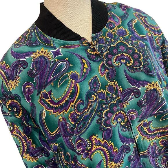 Vintage Spenser Jeremy blue and green silk paisley zip bomber jacket size large - Picture 2 of 13